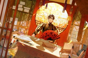 1boy absurdres architecture bead_curtain black_hair black_jacket book book_stack bookshelf brown_shirt brush_rest calligraphy_brush chair chinese_clothes chinese_commentary cuff_links curtained_hair curtains dream_mansion dutch_angle earrings east_asian_architecture floral_print folding_fan hair_between_eyes hand_fan highres holding holding_fan indoors jacket jewelry lapels lattice long_sleeves looking_at_viewer lu_ze male_focus open_clothes open_jacket paintbrush parted_lips round_window scroll shadow shawl_lapels shelf shirt short_hair single_earring sitting smile solo ssang721 stud_earrings sunlight table tangzhuang tassel upper_body vase window yellow_eyes