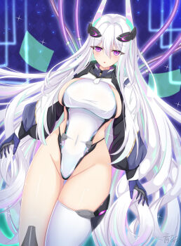 1girl absurdly_long_hair azur_lane black_trim blue_gloves breasts commentary_request gloves hair_between_eyes hair_intakes headgear highleg highleg_leotard highres industrial_pipe kearsarge_(azur_lane) large_breasts leotard long_hair long_sleeves looking_at_viewer multicolored_leotard nao_(naobinarydigit) puffy_long_sleeves puffy_sleeves purple_eyes sideboob sideless_leotard single_thighhigh solo thighhighs thong_leotard two-tone_gloves two-tone_leotard very_long_hair white_hair white_leotard white_thighhighs