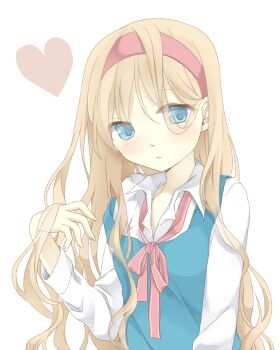Rule 34 | 1girl, alice margatroid, blonde hair, blue dress, blue eyes, blush, bow, bowtie, collared shirt, commentary request, dress, hairband, heart, long hair, long sleeves, loose bowtie, open mouth, pinafore dress, pink bow, pink bowtie, pink hairband, shirt, simple background, sleeveless, sleeveless dress, solo, touhou, tsuno no hito, upper body, very long hair, white background, white shirt