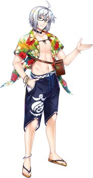 1boy ahoge alternate_costume black_choker blue_shorts choker closed_mouth collarbone flip-flops floral_print game_cg glasses grey_hair hand_in_pocket hawaiian_shirt highres looking_at_viewer male_focus medium_hair morichika_rinnosuke multicolored_shirt navel official_art open_clothes open_shirt print_shirt rotte_(1109) sandals semi-rimless_eyewear shirt short_sleeves shorts solo third-party_source toes toned toned_male touhou touhou_lostword transparent_background under-rim_eyewear yellow_eyes