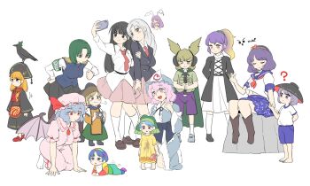 2022 6+girls ? aged_down aged_up animal animal_ears asymmetrical_hair barefoot bat_wings bird black_dress black_eyes black_footwear black_hair black_headwear black_jacket black_skirt blazer blonde_hair blue_eyes blue_hair blue_headwear blue_kimono blue_sailor_collar blue_shorts blue_skirt blue_vest blunt_bangs blush_stickers boots bowl bowl_hat braid brown_eyes camera cape cellphone chinese_clothes closed_eyes closed_mouth clothes_writing cosplay covering_breasts covering_privates cross-laced_clothes crow dress earmuffs flute frilled_kimono frills gradient_hair green_cape green_eyes green_hair green_headscarf green_skirt grey_eyes grey_footwear grey_hair hair_between_eyes hair_ornament hairband haniyasushin_keiki hat headscarf highres hijiri_byakuren holding holding_camera holding_instrument holding_phone houraisan_kaguya instrument itatatata jacket japanese_clothes junko_(touhou) kimono knee_boots leaf_hair_ornament light_brown_hair light_purple_hair long_hair long_sleeves matara_okina mob_cap motion_lines multicolored_dress multicolored_hair multicolored_hairband multiple_girls neckerchief necktie no_headwear open_mouth orange_hair orange_sleeves patchwork_clothes phoenix_crown phone pink_dress pink_eyes pink_hair pink_headwear pink_skirt pointy_hair purple_eyes purple_hair purple_shorts rabbit_ears rainbow_gradient recorder red_eyes red_footwear red_neckerchief red_necktie reisen_udongein_inaba reisen_udongein_inaba_(cosplay) reiuji_utsuho reiuji_utsuho_(bird) remilia_scarlet saigyouji_yuyuko sailor_collar school_uniform serafuku shiki_eiki shirt shoes short_hair short_sleeves shorts simple_background single_braid sitting skirt smartphone socks sukuna_shinmyoumaru tabard tenkyuu_chimata touhou toyosatomimi_no_miko triangular_headpiece trowel vest white_background white_dress white_shirt white_socks wide_sleeves wings yagokoro_eirin yasaka_kanako yellow_shirt