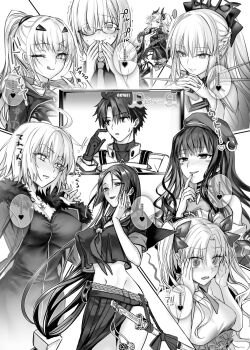 1boy 6+girls ahoge bare_shoulders bb_channel beret black_bow bow braid breasts cloak coat collar colored_extremities crop_top dress ereshkigal_(fate) eyeliner fate/grand_order fate_(series) forked_eyebrows fujimaru_ritsuka_(male) fujimaru_ritsuka_(male)_(decisive_battle_chaldea_uniform) fur-trimmed_coat fur-trimmed_sleeves fur_trim glasses greyscale hair_bow hair_over_one_eye hair_ribbon half_up_braid hat highres hooded_shrug horns jeanne_d&#039;arc_alter_(avenger)_(fate) jeanne_d&#039;arc_alter_(fate) jeanne_d&#039;arc_alter_(ver._shinjuku_1999)_(fate) jewelry large_breasts lilith_(fate) lilith_(second_ascension)_(fate) long_hair makeup mash_kyrielight medium_breasts melusine_(fate) melusine_(swimsuit_ruler)_(fate) melusine_(swimsuit_ruler)_(first_ascension)_(fate) minamoto_no_raikou_(fate) minamoto_no_raikou_(fate/grand_order) minamoto_no_raikou_(swimsuit_lancer)_(fate) minamoto_no_raikou_(swimsuit_lancer)_(second_ascension)_(fate) mintes monochrome morgan_le_fay_(fate) morgan_le_fay_(third_ascension)_(fate) multiple_girls neckerchief necklace necktie official_alternate_costume parted_bangs pointy_ears ponytail ribbon school_uniform serafuku short_hair shrug_(clothing) sidelocks ereshkigal_(swimsuit_beast)_(fate) spiked_collar spikes swimsuit tenochtitlan_(fate) tenochtitlan_(second_ascension)_(fate) twintails two_side_up zipper_dress