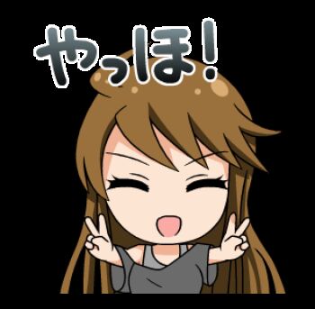 1girl :d ahoge animated animated_gif black_shirt blinking blue_eyes brown_hair chibi chibi_only double_v hands_up idolmaster idolmaster_million_live! long_hair looking_at_viewer lowres non-repeating_animation official_art open_mouth shirt simple_background smile solo sticker_(medium) third-party_source tokoro_megumi transparent_background upper_body v v-shaped_eyebrows