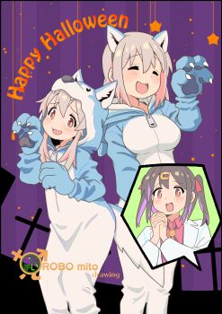 3girls :d ^_^ absurdres animal_costume animal_ears animal_hands artist_name black_hair breasts brown_eyes claw_pose claws closed_eyes commentary copyright_name fake_animal_ears fake_tail gloves grey_hair hair_between_eyes hair_ornament hairclip halloween happy_halloween highres hood hood_down hood_up large_breasts long_hair long_sleeves male-female_symbol matching_outfits mother_and_daughter multicolored_hair multiple_girls onesie onii-chan_wa_oshimai! open_mouth own_hands_clasped own_hands_together oyama_mahiro oyama_matsuri oyama_mihari paw_gloves pink_hair purple_hair robomito siblings simple_background sisters smile star_(symbol) tail twintails two-tone_hair wavy_mouth wolf_costume wolf_hood wolf_tail zipper_pull_tab