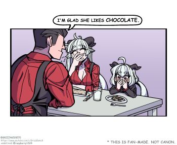 Rule 34 | 1boy, 2girls, ahoge, apron, artist name, baphomet (grizz), black apron, black horns, black jacket, blush, breasts, cleavage, closed eyes, collarbone, comic, demon horns, eating, english text, food, glass, glasses, grey background, grizz, helltaker, helltaker (character), highres, horns, jacket, korean commentary, krampus (grizz), large breasts, long sleeves, medium hair, multiple girls, pancake, red eyes, red shirt, segmented comic, shirt, short hair, table, watermark, web address, white background, white hair