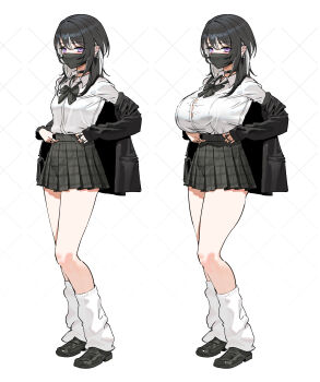 Rule 34 | 1girl, absurdres, black bow, black bowtie, black choker, black hair, black jacket, black shoes, bow, bowtie, breasts, button gap, choker, colored inner hair, commentary, cross, cross earrings, ear piercing, earrings, full body, grid background, heart, heart choker, highres, huge breasts, jacket, jewelry, leg warmers, loafers, looking at viewer, mask, miniskirt, mouth mask, multicolored hair, multiple earrings, multiple rings, off shoulder, original, piercing, plaid clothes, plaid skirt, pleated skirt, purple eyes, ring, school uniform, shirt, shirt tucked in, shoes, skirt, small breasts, thighs, two-tone hair, untranslatable commentary, variations, white background, white hair, white leg warmers, white shirt, wonbin lee