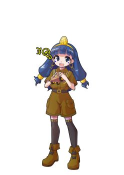 Rule 34 | 1girl, alphes (style), black thighhighs, blue eyes, blue hair, blunt bangs, boots, brown boots, brown shirt, brown shorts, collared shirt, commentary request, dairi, earrings, facial mark, fold-over boots, full body, hair bobbles, hair ornament, highres, holding, jewelry, key earrings, large variant set, long hair, michigami nareko, open mouth, parody, shirt, short sleeves, shorts, simple background, smile, solo, standing, style parody, tachi-e, thighhighs, touhou, transparent background, triangle, triangle facial mark, variant set
