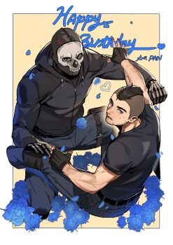 2boys absurdres belt black_belt black_gloves black_hair black_jacket black_pants black_shirt blue_eyes blue_flower blue_rose call_of_duty call_of_duty:_modern_warfare_2 coni0771 facial_hair flower ghost_(modern_warfare_2) gloves happy_birthday highres hood hood_down hooded_jacket jacket male_focus mask multiple_boys open_mouth pants rose shirt short_hair skull_mask soap_(modern_warfare_2)