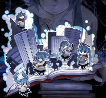 6+girls ahoge bag black_boots black_eyes black_necktie black_skirt blue_hair book book_stack boots bright_pupils building cellphone chibi city clone closed_mouth commentary_request eating flip_phone food frown grey_sweater hand_on_own_chin hand_rest hat hatsune_miku holding holding_bag holding_book holding_food holding_phone holding_spring_onion holding_vegetable lama_(kusuriya) long_hair magic_trick multiple_girls necktie open_book paper_bag phone pop-up_book skirt skyscraper spring_onion sweater top_hat twintails vegetable very_long_hair vocaloid white_pupils