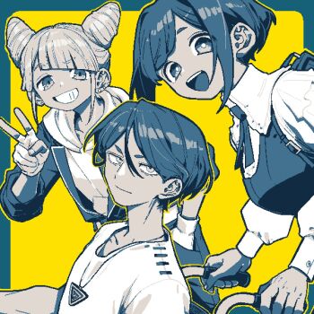 100387l 1boy 2girls :d blue_hair collared_shirt commentary_request cone_hair_bun diagonal_bangs double_bun frilled_shirt frilled_sleeves frills fukurai_azami gloves grin hair_bun highres hood hood_down jaggy_lines jasmine_(toshi_densetsu_kaitai_center) limited_palette long_sleeves looking_at_viewer meguriya_ayumu multiple_girls open_mouth outline partially_fingerless_gloves second-party_source shirt short_hair smile standing toshi_densetsu_kaitai_center triangle_necklace upper_body v wheelchair