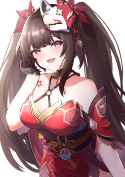 1girl absurdres bare_shoulders black_gloves black_hair blush breasts cleavage commentary_request fox_mask gloves hair_ornament highres honkai:_star_rail honkai_(series) japanese_clothes kimono long_hair looking_at_viewer mako_(cvyt5325) mask mask_on_head mole mole_under_each_eye mole_under_eye multiple_moles open_mouth pink_eyes red_kimono red_nails simple_background single_glove sleeveless sleeveless_kimono smile solo sparkle_(honkai:_star_rail) twintails very_long_hair white_background