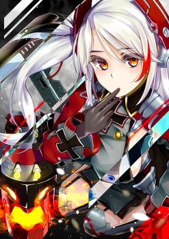 1girl antenna_hair azur_lane black_gloves breasts commentary_request cross eyes_visible_through_hair finger_to_mouth gloves hair_between_eyes headgear highres iron_cross kura-r9-45 long_hair looking_at_viewer multicolored_hair prinz_eugen_(azur_lane) red_eyes red_streaks rigging sideboob solo streaked_hair twintails white_hair