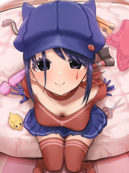 Rule 34 | 1girl, absurdres, animal ear headwear, axe, black eyes, blue gloves, blue hair, blue hat, blue skirt, blush, breasts, choker, closed mouth, collarbone, commentary request, cool mita (miside), fake animal ears, from above, gloves, hat, highres, hitachi magic wand, kurosususu, long sleeves, looking at viewer, mark under eye, medium breasts, miniskirt, miside, mita (miside), newsboy cap, on bed, pleated skirt, red shirt, red thighhighs, rubber duck, scissors, sex toy, shirt, sidelocks, sitting, skindentation, skirt, smile, solo, teardrop facial mark, thighhighs, vibrator, zettai ryouiki
