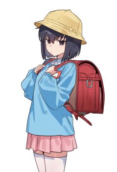 1girl absurdres aged_down black_eyes black_hair blue_shirt breasts ebora hat highres kindergarten_uniform kuonji_alice long_sleeves looking_at_viewer mahou_tsukai_no_yoru pink_skirt school_hat shirt short_hair skirt small_breasts solo thighhighs thighs white_thighhighs yellow_hat