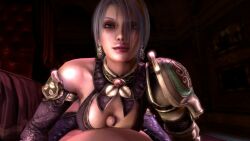 1boy 1girl 3d animated breasts clothed_female_nude_male eyeshadow hetero highres isabella_valentine large_breasts looking_at_viewer makeup namco nude paizuri paizuri_under_clothes penis pov purple_eyeshadow revealing_clothes short_hair solo_focus soul_calibur uncensored video white_hair xxxmtsxxx