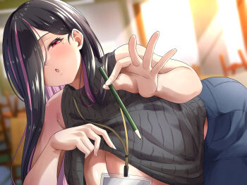1girl :o absurdres bare_arms black_hair black_sweater blue_pants blurry blurry_background blush breasts cleavage clothes_lift colored_inner_hair denim hair_over_one_eye highres holding holding_pencil indoors jeans large_breasts long_hair looking_at_viewer mole mole_under_eye multicolored_hair myaji12039 open_mouth original pants pencil purple_hair red_eyes ribbed_sweater shirt_lift sleeveless sleeveless_sweater streaked_hair sweater sweater_lift