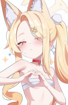 1girl absurdres animal_ear_fluff animal_ears aqua74286 bare_arms bare_shoulders blonde_hair blue_archive blush breasts choker closed_mouth commentary forehead fox_ears fox_girl fox_tail hair_ornament halo heart heart_hair_ornament heart_hands highres long_hair looking_at_viewer red_choker ribbon sarashi seia_(blue_archive) side_ponytail small_breasts small_sweatdrop solo star_(symbol) star_in_eye symbol-only_commentary symbol_in_eye tail turning_head underwear underwear_only upper_body yellow_eyes yellow_halo yellow_ribbon