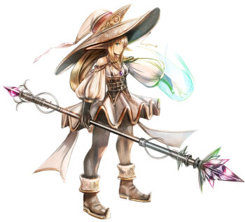 1girl bare_shoulders belt belt_around_waist black_gloves black_pantyhose blonde_hair boots breasts dress elf full_body gem gloves green_eyes hand_up hat holding holding_staff jewelry large_hat long_hair long_pointy_ears long_sleeves looking_at_viewer mage_staff magic multiple_belts necklace original pantyhose pointy_ears puffy_sleeves purple_gemstone sidelocks simple_background small_breasts solo staff standing sushi_(sashimise) white_background white_dress white_hat witch witch_hat