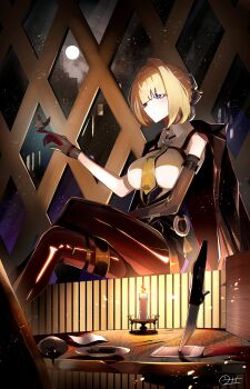 1girl absurdres arm_strap black_choker black_jacket black_pants blonde_hair breasts bug butterfly candle chest_harness choker collared_shirt commentary_request cup elbow_gloves evelyn_chevalier fire gloves hair_up half_gloves harness high-waist_pants highres insect jacket jacket_on_shoulders large_breasts latex_pants moon necktie night night_sky pants paper plate purple_eyes ring_hair_ornament shirt single_elbow_glove single_half_glove sitting sky sleeveless sleeveless_shirt solo table tight_clothes tight_pants white_shirt yellow_necktie zenless_zone_zero zeroartwo