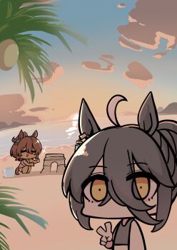 2girls :&gt; agnes_tachyon_(umamusume) ahoge animal_ears bare_arms bare_legs bare_shoulders barefoot beach bikini black_bikini black_hair blue_sky brown_eyes brown_hair bucket chibi closed_eyes cloud coconut coconut_tree commentary_request hair_between_eyes hair_bun highres horizon horse_ears horse_girl horse_tail kawamochi_(kawauti919) manhattan_cafe_(umamusume) multicolored_hair multiple_girls ocean outdoors palm_tree parted_lips sand sand_sculpture sky squatting starfish sunset swimsuit tail tree triangle_mouth two-tone_hair umamusume v water white_bikini white_hair