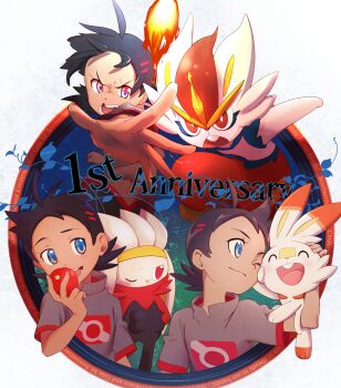 1boy absurdres antenna_hair black_hair blue_eyes cinderace commentary_request dark-skinned_male dark_skin english_text evolutionary_line gen_8_pokemon goh_(pokemon) grey_shirt highres male_focus multiple_views nintendo pokemon pokemon_(anime) pokemon_journeys raboot scorbunny shi_erupi shirt short_hair smile