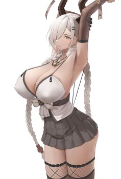 Rule 34 | 1girl, absurdres, arms up, azur lane, black gloves, black horns, black skirt, black thighhighs, breasts, cleavage, commentary, covered erect nipples, elbow gloves, fishnet gloves, fishnets, from side, gloves, grey hair, highres, horns, huge breasts, lace, lace-trimmed thighhighs, lace trim, lom (lom lom 8), long hair, miniskirt, owari (azur lane), pleated skirt, simple background, skirt, solo, thighhighs, very long hair, white background, yellow eyes, zettai ryouiki