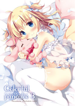 1girl babydoll bare_shoulders bed_sheet blonde_hair blue_bow blue_panties blush bow closed_mouth commentary_request cover cover_page feathers frilled_panties frills hair_bow hair_ornament hugging_object lace lace-trimmed_thighhighs lace_trim looking_at_viewer no_shoes original pan_(mimi) panties pillow red_bow smile solo stuffed_animal stuffed_rabbit stuffed_toy thighhighs two_side_up underwear white_bow white_feathers white_thighhighs wing_hair_ornament