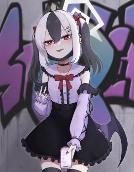 Rule 34 | 1girl, alternate costume, black choker, black hair, black nails, black skirt, black thighhighs, blue archive, bow, breasts, bright pupils, cellphone, chest bow, choker, collarbone, demon horns, demon wings, detached sleeves, earrings, frilled shirt, frilled skirt, frills, hair bow, hair ornament, hairclip, halo, holding, holding phone, horns, jewelry, jirai kei, kayoko (blue archive), long hair, mask, mask around neck, mole, mole on collarbone, mouth mask, multicolored hair, multiple earrings, phone, purple shirt, purple sleeves, red bow, red eyes, ring, shiroiurushi, shirt, single wing, skirt, sleeveless, sleeveless shirt, small breasts, smartphone, solo, thighhighs, tongue, tongue out, twintails, two-tone hair, v, white hair, white pupils, wings