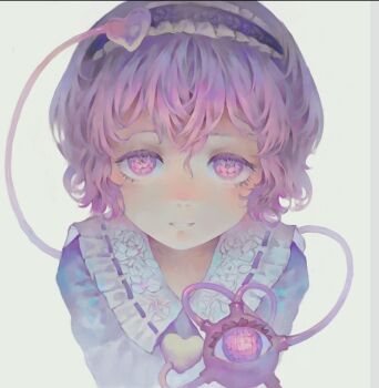 1girl blue_shirt buttons collared_shirt commentary eyeball frilled_shirt_collar frills hair_ornament hairband heart heart_button heart_hair_ornament komeiji_satori long_sleeves looking_at_viewer pink_eyes pink_hair ribbon-trimmed_collar ribbon_trim shirt smile solo ta'er third_eye touhou