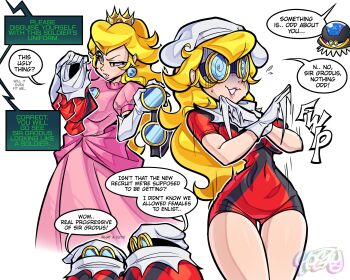 1boy 1girl @_@ absurdres artist_name blonde_hair blue_eyes breasts commentary crown dress earrings elbow_gloves english_commentary english_text gloves goggles hat highres hoezayburger jewelry long_hair mario_(series) nintendo paper_mario paper_mario:_the_thousand-year_door pink_dress princess_peach simple_background sir_grodus speech_bubble sphere_earrings white_gloves x-naut