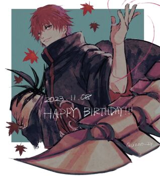 1boy akatsuki_uniform autumn_leaves black_coat coat cropped_torso dated happy_birthday highres hiruko_(naruto) leaf male_focus naruto_(series) naruto_shippuuden puppet_strings red_eyes red_hair sasori_(naruto) short_hair smile solo twitter_username unno_24 upper_body