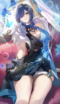 1girl bangle black_dress black_gloves blue_dress blue_flower blue_hair bracelet breasts cleavage commentary_request curtains dress dutch_angle feather_boa flower genshin_impact gloves green_eyes hair_ornament hair_over_one_eye halter_dress halterneck highres jewelry looking_at_viewer official_alternate_costume official_alternate_hairstyle otabaaa parted_bangs parted_lips short_dress short_hair silver_bangle single_glove sitting sleeveless sleeveless_dress smile soap_bubbles solo thighs vision_(genshin_impact) yelan_(genshin_impact) yelan_(tranquil_banquet)_(genshin_impact)