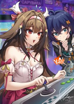 2girls absurdres ahoge animal_ears arcade bare_shoulders belle_(zenless_zone_zero) black_shirt blue_hair breasts brown_hair cleavage clothes_writing dasoin dated earrings fox_ears fox_girl green_eyes hair_intakes hair_ornament highres indoors jewelry large_breasts letter_hair_ornament long_hair multiple_girls official_alternate_costume open_mouth playing_games red_skirt shirt short_hair signature skirt very_long_hair white_shirt ye_shunguang ye_shunguang_(touch_of_dawnlight) zenless_zone_zero