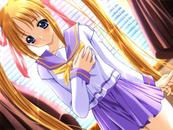 Rule 34 | 1girl, 2000s (style), backlighting, blue eyes, blush, breasts, brown hair, closed mouth, collarbone, cowboy shot, curtains, dutch angle, game cg, grabbing own breast, indoors, long hair, long sleeves, looking down, m&amp;m (mickey and mackey), neckerchief, pink ribbon, pleated skirt, purple sailor collar, purple skirt, ribbon, sailor collar, saishu chikan densha (series), saishuu chikan densha, school uniform, serafuku, sidelocks, skirt, small breasts, solo, standing, suzuki airi (saishu chikan densha), third-party source, twintails, variant set, very long hair, window blinds, yellow neckerchief