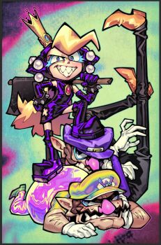 Rule 34 | 1girl, 2boys, alternate costume, angry, axe, blonde hair, blue eyes, boots, bracelet, coat, crown, dav (krooked glasses), detached sleeves, facial hair, fangs, fat, fat man, femdom, full body, gloves, hat, holding, holding weapon, humiliation, jewelry, latex, leg up, makeup, mario (series), multiple boys, mustache, nintendo, overalls, shoes, smile, spiked bracelet, spikes, stepped on, teeth, waluigi, wario, warupeach, weapon