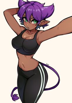 1girl arm_behind_head arms_up black_pants black_sports_bra blush breasts cleavage closed_mouth commentary commission cowboy_shot dark-skinned_female dark_skin double-parted_bangs english_commentary fang fang_out green_eyes hair_between_eyes highres large_breasts looking_at_viewer oninuer original pants pointy_ears purple_hair short_hair simple_background slit_pupils solo sports_bra stomach tail white_background