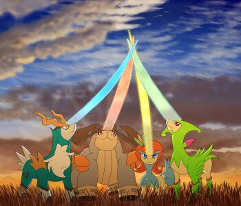 :&lt; artist_request cobalion energy_sword everyone full_body gen_5_pokemon glowing glowing_sword glowing_weapon grass highres horns keldeo keldeo_(resolute) legendary_pokemon looking_up mythical_pokemon nature nintendo no_humans pokemon pokemon_(creature) sacred_sword_(pokemon) sky smile standing sword tail terrakion virizion weapon white_fur yellow_eyes