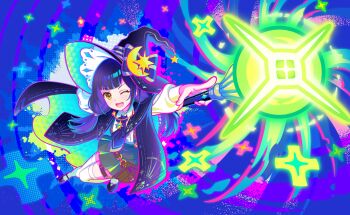 1girl ;d commentary_request dress game_cg hat highres long_hair looking_at_viewer multicolored_hair official_art one_eye_closed open_mouth outstretched_arm pointing purple_hair smile solo sparkle standing star_(symbol) third-party_source twitter_username witch_hat world_dai_star yanagiba_panda yellow_eyes