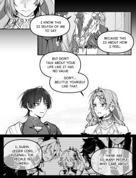 2girls 4boys arm_at_side asymmetrical_sidelocks asymmetrical_sleeves bare_shoulders blunt_ends bodysuit bracelet braid braided_bangs bridal_gauntlets chest_jewel closed_mouth coat collar collarbone collared_coat commentary covered_collarbone curtained_hair cyno_(genshin_impact) detached_sleeves dragon_boy dragon_horns dress durin_(genshin_impact) earrings english_commentary english_text eyelashes faceless facial_mark facing_viewer flower_ornament forehead_mark furisode furrowed_brow genshin_impact greyscale hair_intakes hair_ornament hakama hakama_shorts half_crown_braid headband heart-shaped_gem hetero highres hood horns japanese_clothes jewelry jlypih kimono leaf leaf_hair_ornament left-to-right_manga long_hair looking_at_another mandarin_collar middle_ring mole mole_under_eye monochrome multiple_boys multiple_girls nahida_(genshin_impact) oc_x_canon open_clothes open_coat original own_hands_together parted_bangs parted_lips pleated_shorts pointy_ears pursed_lips scaramouche_(genshin_impact) sethos_(genshin_impact) shorts shoulder_peek side_ponytail sidelocks single_bridal_gauntlet single_hair_intake skirt smile speech_bubble tsurime uneven_sleeves usekh_collar wanderer_(genshin_impact) wide-eyed wispy_bangs