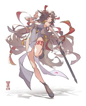 1girl animal_ear_fluff animal_ears armlet artist_name black_shoes bracelet breasts brown_hair brown_tail china_dress chinese_clothes clover clover_hair_ornament commentary commentary_request dress droopy_ears english_commentary full_body hair_ornament hairband highres holding holding_sword holding_weapon jewelry leg_tattoo long_hair looking_at_viewer medium_breasts metal_bracelet mixed-language_commentary open_mouth red_eyes shadow shoes silver_armlet silver_bracelet simple_background solo standing standing_on_one_leg sword tail tattoo user_rfde4742 very_long_hair weapon white_background white_dress white_hairband ye_shunguang zenless_zone_zero