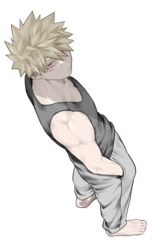 1boy bakugou_katsuki bare_shoulders barefoot bcowano black_tank_top blonde_hair boku_no_hero_academia closed_mouth facial_scar from_above grey_pants hair_between_eyes hand_in_pocket highres male_focus muscular muscular_male pants red_eyes scar scar_on_cheek scar_on_face short_hair solo spiked_hair tank_top white_background