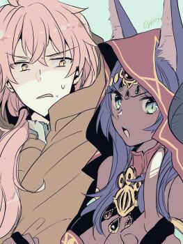 Rule 34 | 1boy, 1girl, :o, animal ear fluff, animal ears, artist name, brown cloak, chaldea no mono, cloak, commentary request, dark-skinned female, dark skin, ears through headwear, fate/grand order, fate (series), forehead jewel, green background, green eyes, hair over shoulder, head chain, hood, hood up, hoshiyume yashiro, jackal ears, jackal girl, jewelry, looking at another, low ponytail, pink hair, pointing, pointing at viewer, ponytail, purple hair, queen of sheba (fate), red hood, simple background, sweat, twitter username, v-shaped eyebrows, yellow eyes