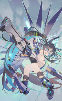 1girl aris_(armed)_(blue_archive) aris_(blue_archive) ass biyobiyo black_hair blue_archive blue_eyes blue_hair commentary_request flat_chest full_body halo headgear highres holding holding_weapon leotard long_hair looking_at_viewer looking_back mecha_musume mechanical_wings multicolored_hair ponytail railgun solo two-tone_hair very_long_hair weapon wings