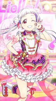 1girl ;) arashi_chisato arm_bow artist_name artist_request bare_legs bare_shoulders blush boots bow bracelet breasts checkered_clothes checkered_skirt choker collarbone detached_collar double_bun dress earrings epaulettes female_focus floating_hair flower frilled_cuffs frilled_skirt frills hair_bow hair_bun hair_tie hand_on_own_hip heart heart_earrings heart_necklace highres jewelry leg_ribbon long_hair looking_at_viewer love_live! love_live!_school_idol_festival love_live!_superstar!! miniskirt nail_(hardware) nail_polish necklace ok_sign on_stage one_eye_closed parted_lips pearl_bracelet pink_bow pink_choker pink_nails pink_ribbon pink_skirt plaid_clothes plaid_dress plaid_skirt pleated pleated_dress pleated_skirt purple_dress purple_ribbon purple_skirt red_eyes ribbon skirt sleeveless sleeveless_dress smile solo sparkle_print stage stage_lights standing standing_on_one_leg striped_bow striped_ribbon teeth twintails wavy_hair white_boots white_bow white_detached_collar white_dress white_flower white_hair white_ribbon white_skirt white_wrist_cuffs wink wrist_cuffs yellow_bow