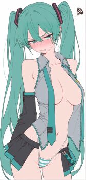 1girl 37bannai annoyed blue_eyes blue_hair blush breasts cowboy_shot detached_sleeves embarrassed furrowed_brow g-string hatsune_miku highres large_breasts long_hair medium_breasts miniskirt navel necktie panties partially_undressed skirt stomach thong twintails underwear vocaloid white_background