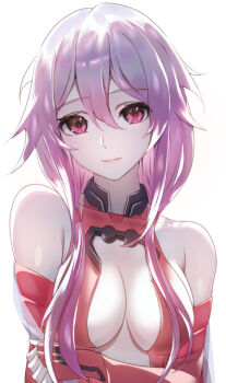 1girl bare_shoulders breasts center_opening closed_mouth commentary_request detached_sleeves elbow_gloves fingerless_gloves gloves guilty_crown hair_ornament hairclip leotard long_hair looking_at_viewer medium_breasts pink_hair pontaro2 red_eyes red_leotard smile solo twintails yuzuriha_inori
