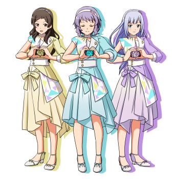 Rule 34 | 3girls, android, blue dress, blue eyes, blue footwear, blue hair, bracelet, brown eyes, brown hair, cipher:utopia (idolmaster), closed eyes, code:escape (idolmaster), collar, commission, dress, escape (idolmaster), flower, heart, heart hands, highres, idolmaster, idolmaster million live!, idolmaster million live! theater days, jewelry, kitazawa shiho, lielos, light blue hair, light blush, light smile, long hair, makabe mizuki, mechabare, multiple girls, open mouth, pixiv commission, purple dress, purple footwear, purple hair, ribbon, shapes, shiraishi tsumugi, shoes, short hair, skirt, smile, standing, white background, yellow dress, yellow shoes