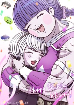 Rule 34 | 1boy, 4girls, :d, absurdres, armband, asaka lucy, belt, black belt, black hairband, black jacket, braid, cheek press, chibi, chibi inset, closed eyes, commentary request, grey hair, hairband, happy birthday, head only, heart, heart print, highres, hood, hooded jacket, hug, jacket, kirifuji nozomi, long hair, magadori kyoshika, mojiro moko, multiple girls, muscular, muscular female, omokage yugamu, oosuzuki kurara, open mouth, pink jacket, purple hair, sleeveless, sleeveless jacket, smile, teeth, the hundred line -last defense academy-, tumblr username, upper teeth only, veins, veiny arms