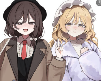 2girls alternate_costume black_hat black_vest blonde_hair blush bow brown_coat brown_eyes brown_hair buttons clenched_hand closed_mouth coat collared_shirt frills hair_between_eyes hair_bow half-closed_eyes hand_on_own_chest hand_up hat lapels long_hair long_sleeves looking_at_viewer maribel_hearn mob_cap multiple_girls necktie open_clothes open_coat open_mouth puffy_long_sleeves puffy_sleeves purple_coat red_necktie sarukana shirt short_hair simple_background smile sweater touhou turtleneck turtleneck_sweater upper_body usami_renko v vest wavy_hair white_background white_bow white_hat white_shirt white_sweater yellow_eyes