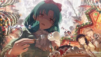 3girls christmas christmas_tree commentary_request day food fork from_below game_cg green_hair green_shirt holding holding_fork idolmaster idolmaster_million_live! idolmaster_million_live!_theater_days long_sleeves looking_down marshmallow miyao_miya multiple_girls nervous_sweating official_art open_mouth orange_eyes outdoors scarf shaded_face shirt sweat tenkuubashi_tomoka third-party_source tokugawa_matsuri water_drop white_scarf